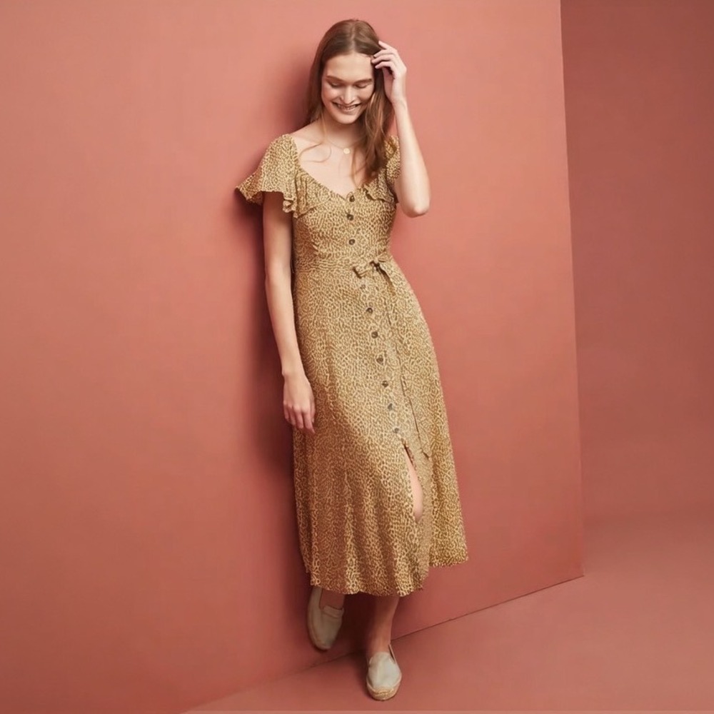 Anthropologie Bolano Leopard Print Button Front Midi Dress Brown Yellow Size 6